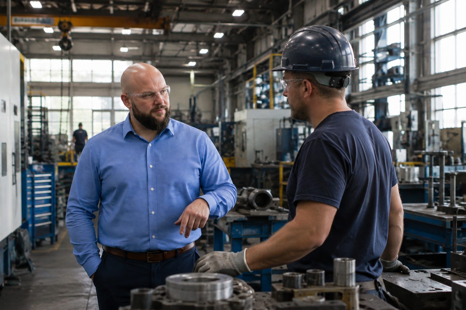 A plant leader and a machine operator in hard hat and safety glasses talking across a workbench on the shop floor.