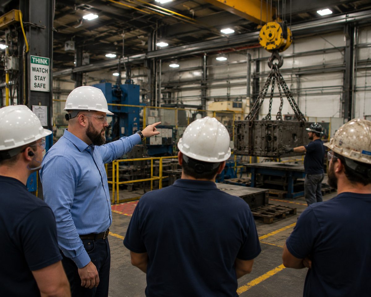 A safety lead points out an overhead lift in progress while three operators in hard hats watch from the aisle.