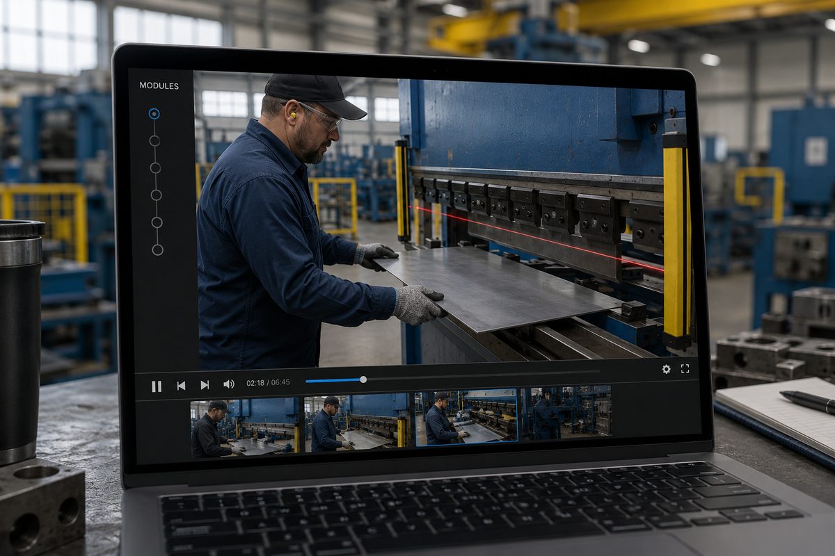 A laptop on a shop-floor workbench playing a branded safety training video — an operator feeding sheet into a press brake, the light curtain beam running across the die line.