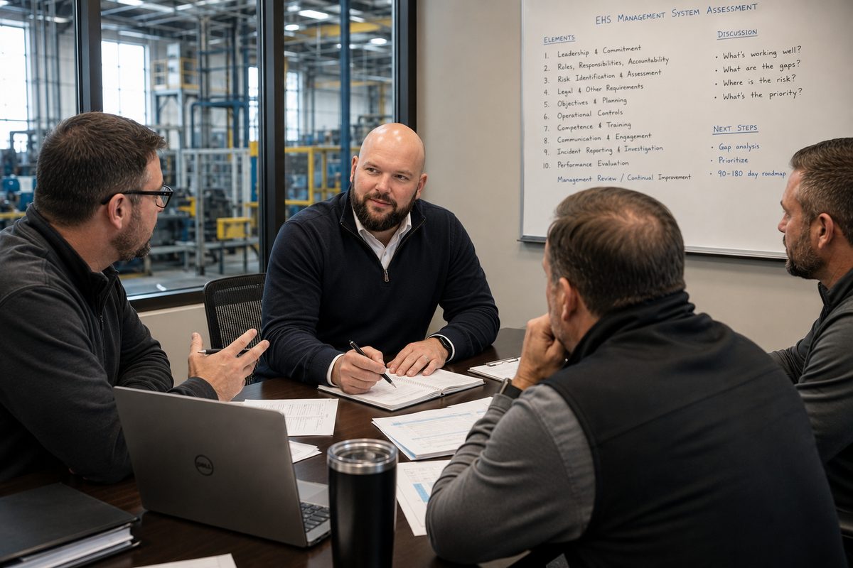 Four people around a conference table working through a list of management-system elements on a whiteboard.