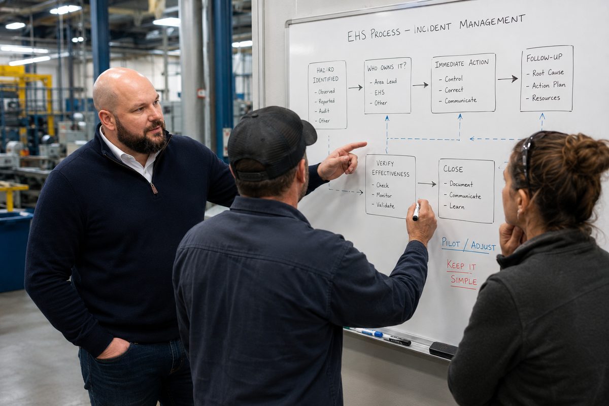 Three people at a whiteboard mapping an incident management process from hazard identified through to close.