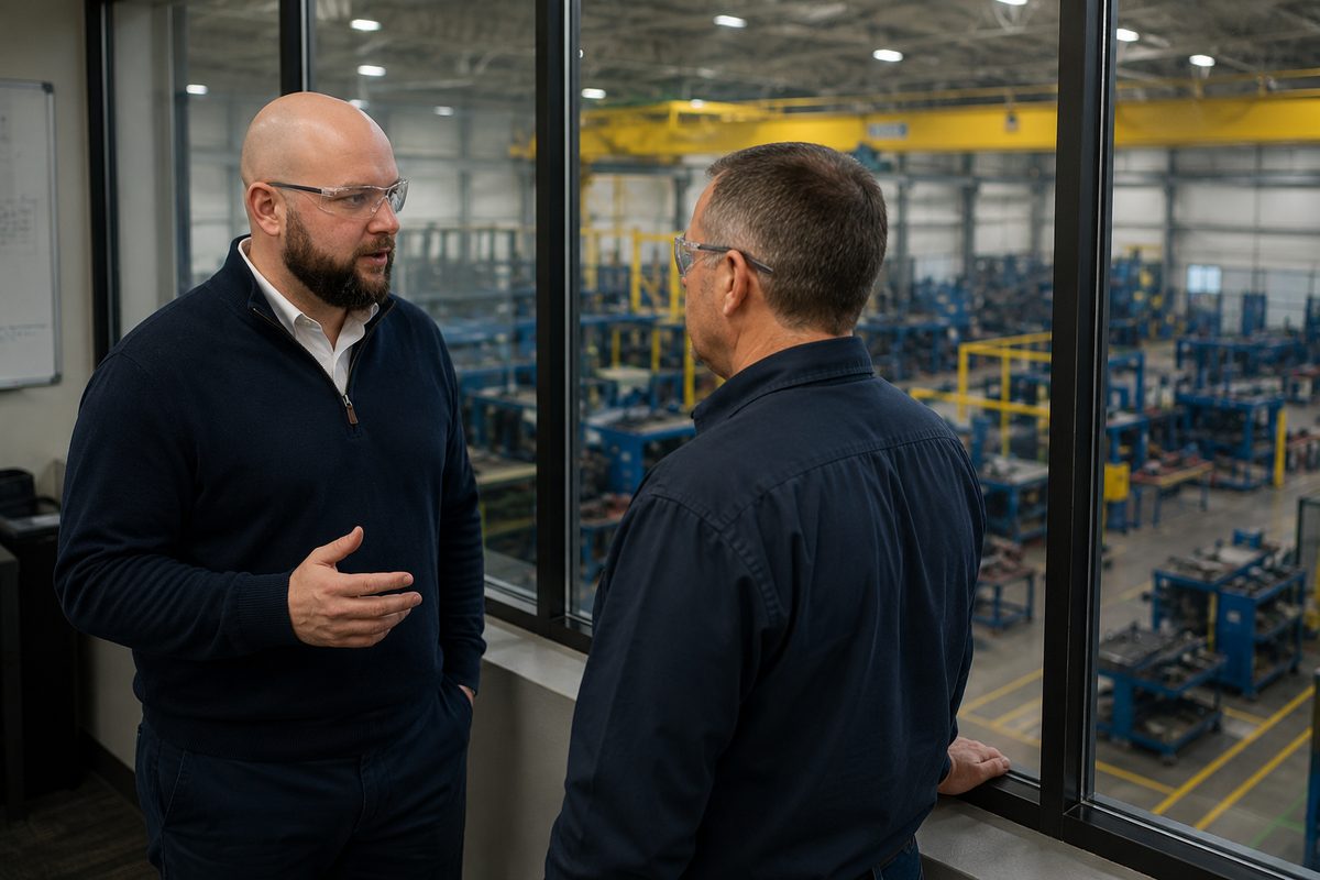 Two people in conversation at a mezzanine window overlooking a production floor.