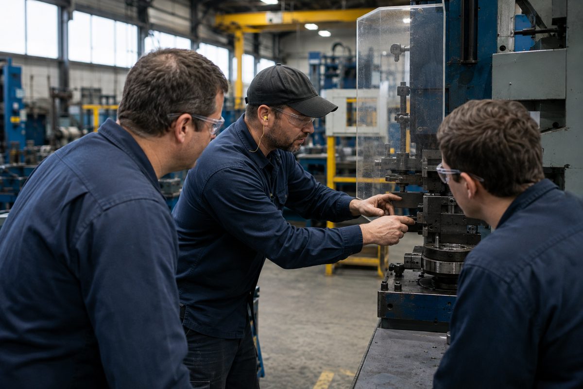 An operator walking two colleagues through a task sequence with his hands at a stationary machine.