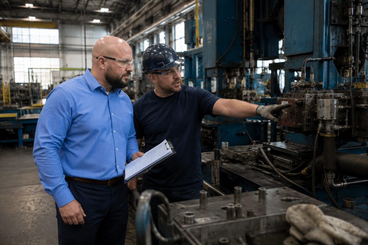 A consultant with a clipboard listening as an operator points out a control on a hydraulic press.