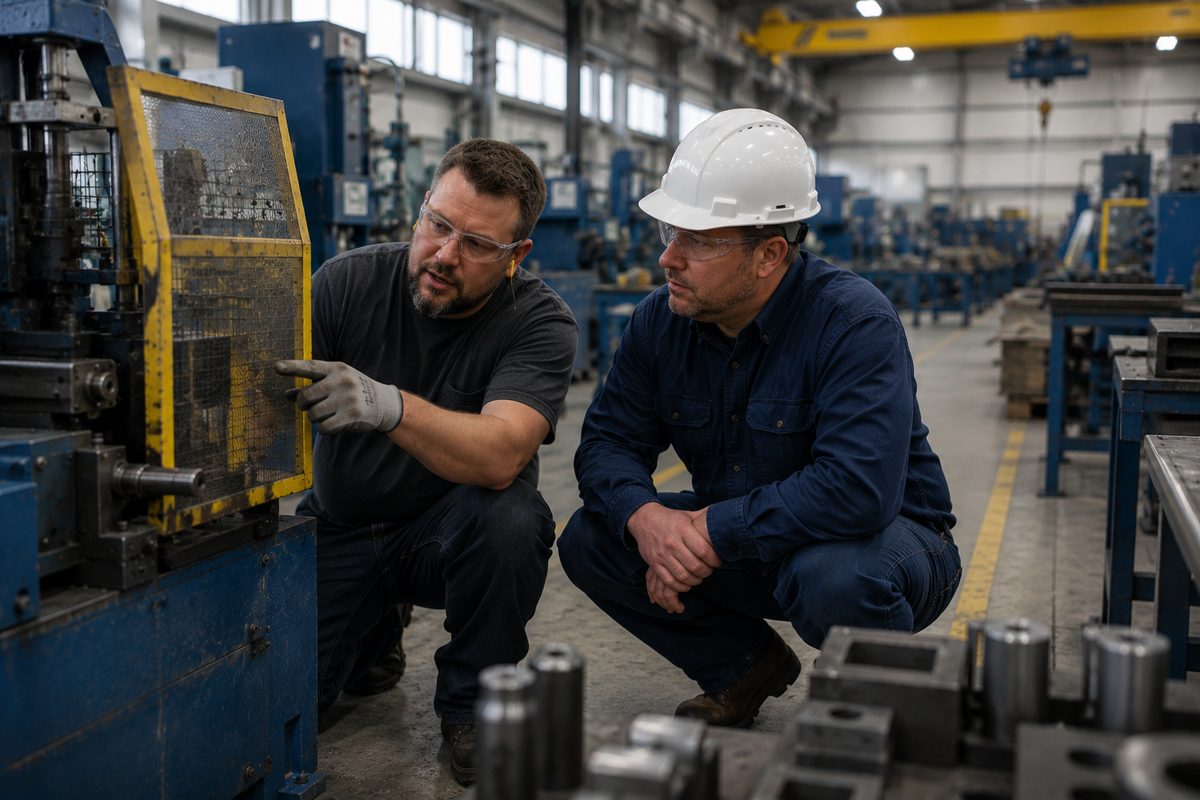 A supervisor and an operator crouched at a machine guard, the operator pointing out the guarding at the point of operation.