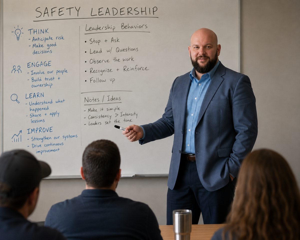 A facilitator working through a safety leadership session at a whiteboard with a small group of supervisors.
